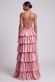 Dusty Rose Strapless Cutless Recortado Vestido de Lantejoulas com Folhos em Camadas Vestido de Baile Longo