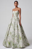Vestido de baile Corset verde Sálvia Jacquard Vestido de Baile Longo Sem Alças com Pérolas
