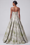 Vestido de baile Corset verde Sálvia Jacquard Vestido de Baile Longo Sem Alças com Pérolas