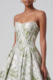 Vestido de baile Corset verde Sálvia Jacquard Vestido de Baile Longo Sem Alças com Pérolas