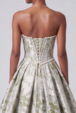 Vestido de baile Corset verde Sálvia Jacquard Vestido de Baile Longo Sem Alças com Pérolas