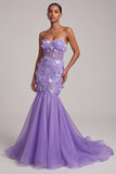Vestido longo de baile sem alças sem alças em forma de espartilho Corset roxo, com aplicações 3D em forma de borboleta