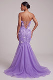 Vestido longo de baile sem alças sem alças em forma de espartilho Corset roxo, com aplicações 3D em forma de borboleta