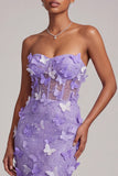 Vestido longo de baile sem alças sem alças em forma de espartilho Corset roxo, com aplicações 3D em forma de borboleta
