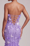 Vestido longo de baile sem alças sem alças em forma de espartilho Corset roxo, com aplicações 3D em forma de borboleta