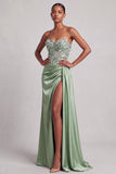 Espartilho verde, lantejoulas de cetim sem alças, vestido longo de baile com fenda lateral