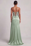 Espartilho verde, lantejoulas de cetim sem alças, vestido longo de baile com fenda lateral