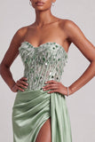 Espartilho verde, lantejoulas de cetim sem alças, vestido longo de baile com fenda lateral