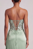 Espartilho verde, lantejoulas de cetim sem alças, vestido longo de baile com fenda lateral