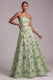 Vestido de baile verde A-Line Strapless Strapless Bordado Floral Bordado com Renda nas Costas