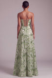 Vestido de baile verde A-Line Strapless Strapless Bordado Floral Bordado com Renda nas Costas