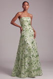 Vestido de baile verde A-Line Strapless Strapless Bordado Floral Bordado com Renda nas Costas