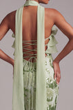 Vestido de Baile de finalistas verde, sem alças, com folhos e lantejoulas