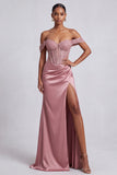 Espartilho rosa poeirento, ombro caído, lantejoulas, vestido comprido de baile com missangas
