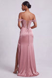 Espartilho rosa poeirento, ombro caído, lantejoulas, vestido comprido de baile com missangas