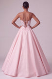 Vestido de baile blush Corset sem alças, vestido de baile comprido translúcido de cetim com aplicações borboleta 3D