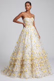Vestido de Baile Longo, Corset Amarelo Claro Sem Alças, com Folhos e Folhos e Aplicações Florais