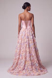 Espartilho de cetim cor-de-rosa Apliques Pérolas Vestido Longo de Baile Strapless Sem Alças