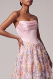 Espartilho de cetim cor-de-rosa Apliques Pérolas Vestido Longo de Baile Strapless Sem Alças