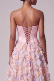 Espartilho de cetim cor-de-rosa Apliques Pérolas Vestido Longo de Baile Strapless Sem Alças