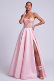 Vestido de baile de finalista de cetim rosa sem alças floral A-Line Long com fenda lateral
