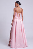 Vestido de baile de finalista de cetim rosa sem alças floral A-Line Long com fenda lateral