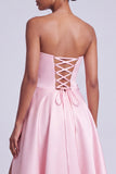 Vestido de baile de finalista de cetim rosa sem alças floral A-Line Long com fenda lateral