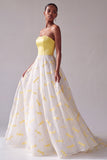 Vestido longo de baile de finalistas Jacquard de cetim amarelo em linha A