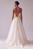 Vestido longo de baile de finalistas Jacquard de cetim amarelo em linha A