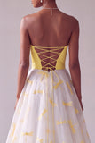 Vestido longo de baile de finalistas Jacquard de cetim amarelo em linha A