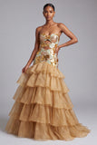 Vestido de Baile Longo, Cortado Dourado, Cortado Sem Alças, com Franzinhos e Lantejoulas,
