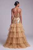 Vestido de Baile Longo, Cortado Dourado, Cortado Sem Alças, com Franzinhos e Lantejoulas,