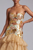 Vestido de Baile Longo, Cortado Dourado, Cortado Sem Alças, com Franzinhos e Lantejoulas,