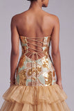 Vestido de Baile Longo, Cortado Dourado, Cortado Sem Alças, com Franzinhos e Lantejoulas,