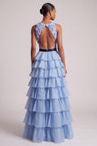 Vestido de Baile de Finalistas Longo em Tule com Decote em V, decote em V Azul Claro, Vestido de Finalista Longo com Laço