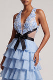 Vestido de Baile de Finalistas Longo em Tule com Decote em V, decote em V Azul Claro, Vestido de Finalista Longo com Laço