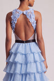Vestido de Baile de Finalistas Longo em Tule com Decote em V, decote em V Azul Claro, Vestido de Finalista Longo com Laço