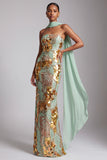 Vestido de Baile de finalistas com lantejoulas douradas sem alças e drapeado em chiffon