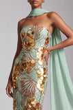 Vestido de Baile de finalistas com lantejoulas douradas sem alças e drapeado em chiffon