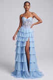 Vestido de Baile de Baile de Finalistas Azul Claro, Espartilho de Cetim A-Line Transparente em Chiffon, com Folhos e Abertura