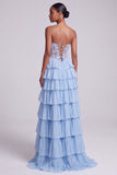 Vestido de Baile de Baile de Finalistas Azul Claro, Espartilho de Cetim A-Line Transparente em Chiffon, com Folhos e Abertura