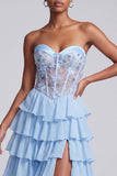 Vestido de Baile de Baile de Finalistas Azul Claro, Espartilho de Cetim A-Line Transparente em Chiffon, com Folhos e Abertura