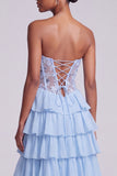 Vestido de Baile de Baile de Finalistas Azul Claro, Espartilho de Cetim A-Line Transparente em Chiffon, com Folhos e Abertura