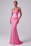 Vestido de baile longo sem alças sem alças em forma de sereias de sereia cor-de-rosa choque