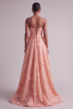 Vestido de Baile Longo de Finalistas Bordado Floral Sem Alças Pêssego com Laço de Cetim