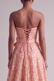 Vestido de Baile Longo de Finalistas Bordado Floral Sem Alças Pêssego com Laço de Cetim
