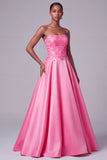 Vestido de baile de finalistas A-Line A-Line de Bordado Floral de Cetim Rosa Choque