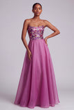 Lantejoulas Fúcsia Vestido de Baile Floral Strapless A-Line em Chiffon