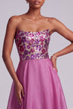 Lantejoulas Fúcsia Vestido de Baile Floral Strapless A-Line em Chiffon