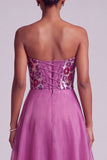 Lantejoulas Fúcsia Vestido de Baile Floral Strapless A-Line em Chiffon